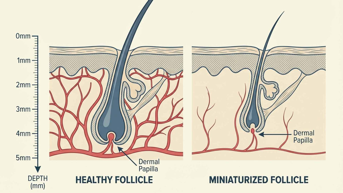 A bathroom shelf with multiple half-used hair products — serums, supplements, shampoos — the evidence of a woman who tried everything