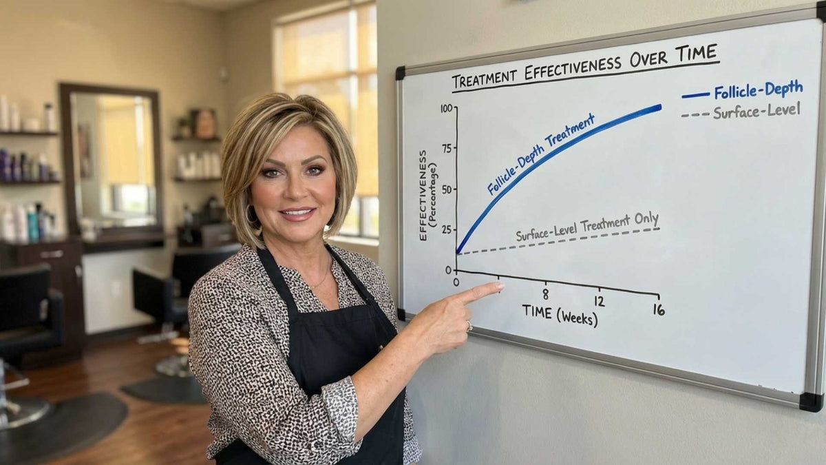 A simple cross-section illustration showing the difference between surface-level treatment and follicle-depth treatment — the 4mm gap