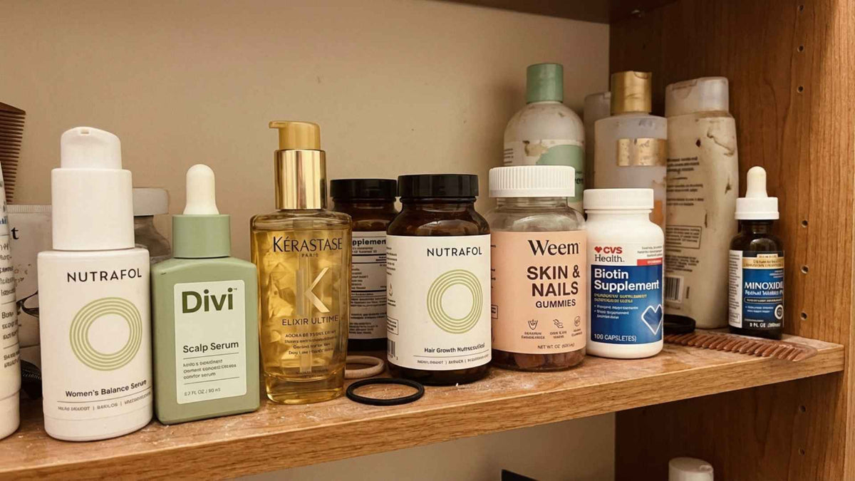 A bathroom shelf with several half-used hair products lined up — supplements, serums, shampoos — the visible evidence of a two-year effort that didn't work